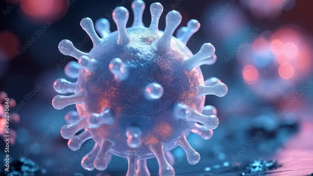 3D rendering of a virus particle with detailed surface structure and glowing highlights, representing infection, microbiology, and virology 3D rendering of a virus particle with detailed surface structure and glowing highlights, representing infection, microbiology, and virology