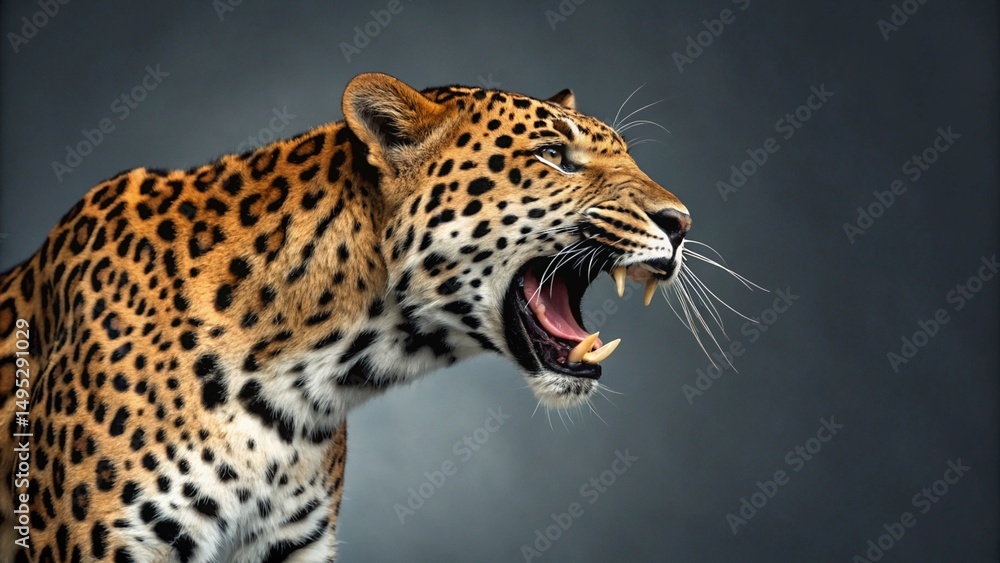 Fototapeta premium A dramatic headshot of a Leopard captured mid-snarl, emphasizing its open mouth and visible fangs against a deep, blurred backdrop