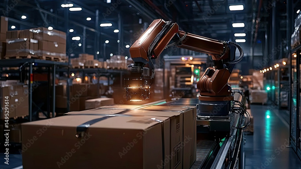 Fototapeta premium Automated Warehouse: Robotic Arm Sorting Packages
