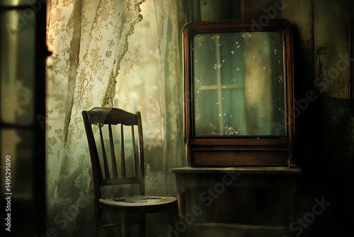 A dusty, abandoned room with a chair, a vanity, and a tattered curtain near a window, hinting at forgotten memories