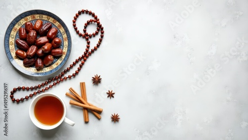 Ramadan Kareem: Flat Lay of Dates, Tea, Spices, and Prayer Beads with Copy Space