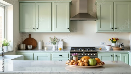 Modern Kitchen Island Mockup: White Marble Counter with Fresh Fruit & Sage Green Cabinets