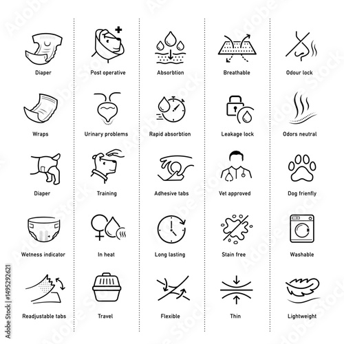 Dog diapers icon set.The outline icons are well scalable and editable. Vector elements are good for different backgrounds. Ready for dogs diapers design, its key components and benefits. EPS10.