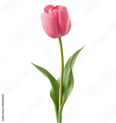 Single pink tulip in early bloom image isolated transparent. Floral tulipa gesneriana cut out photo png. 8 march spring, Mothers day. Botanical blossom cutout element object photography