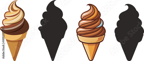 Delicious ice cream cones chocolate and vanilla swirls in a crispy cone tasty treat sweet dessert summer snack  vector illustration and silhouette design