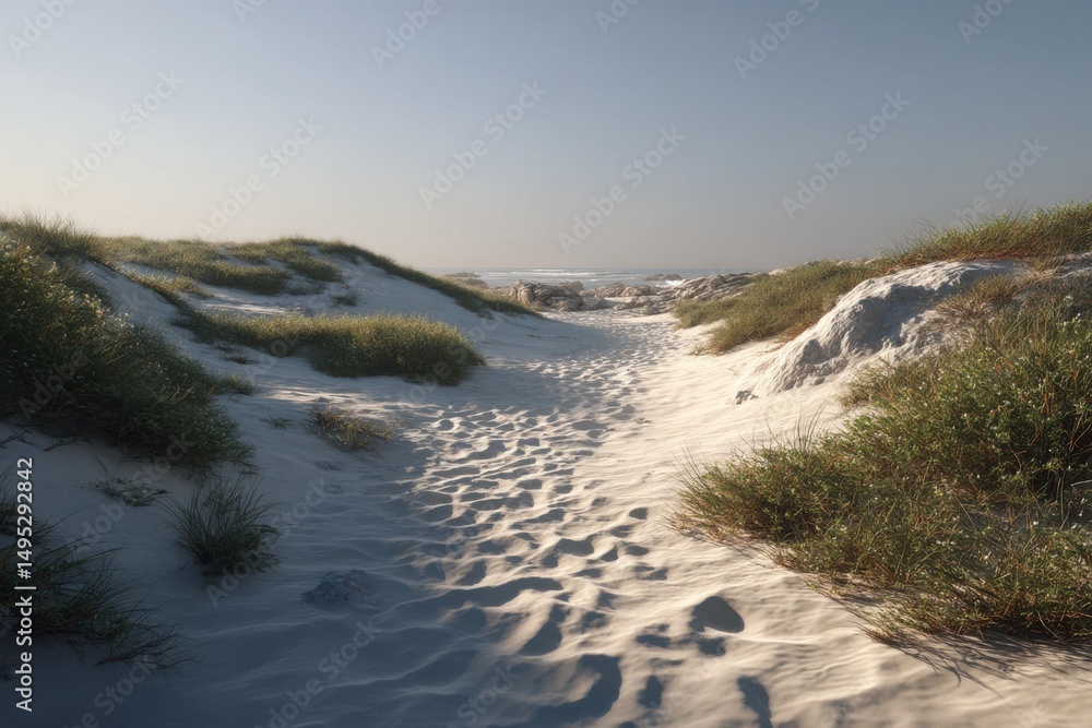 Fototapeta premium Sandy Path Leading to the Ocean With Coastal Vegetation, Illustrating Tranquility and Environmental Awareness for Sustainable Tourism : Generative AI