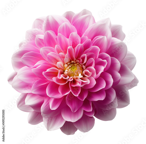 Top view of pink dahlia flower with yellow center image isolated transparent. Floral specimen cut out photo png. Fresh bloom. Botanical perennial cutout element object photography