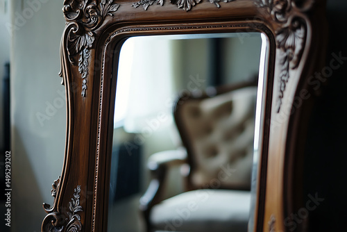 Ornate wooden framed mirror reflects a blurred view of an upholstered chair in a room
