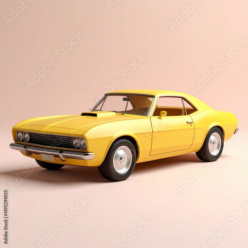 yellow Muscle car in pastel background postcard, retro design