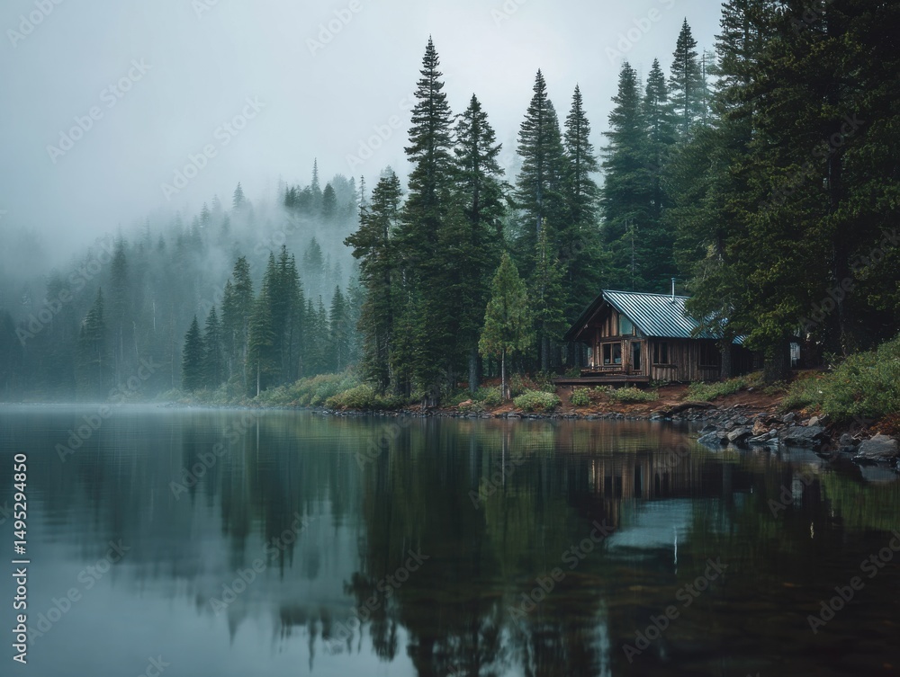 Fototapeta premium Cabin on Misty Lake in Evergreen Forest, Showcasing Tranquility and Remote Getaways for Nature Retreats and Ecotourism Promotion : Generative AI