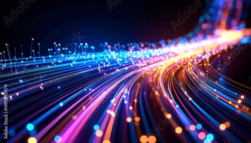Colorful, glowing light trails stream across a dark background, representing high-speed data, fiber optics, or digital technology.