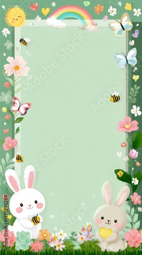 Cute spring-themed background with cartoon bunnies, flowers, and butterflies