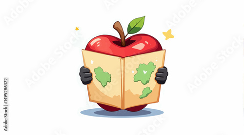Cartoon apple holding a map with green continents and a leaf  
