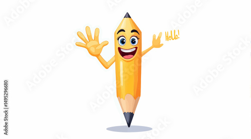 Cartoon pencil character waving and smiling on white background  