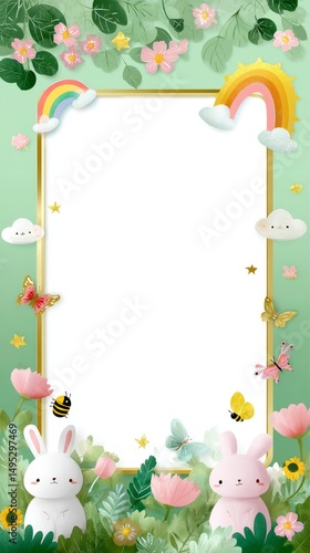 Whimsical nature frame with rainbows, clouds, bunnies, and flowers in spring