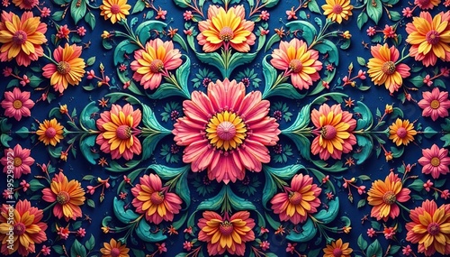 Intricate floral motif within a repeating hexagonal pattern , botanical, shapes, floral geometric