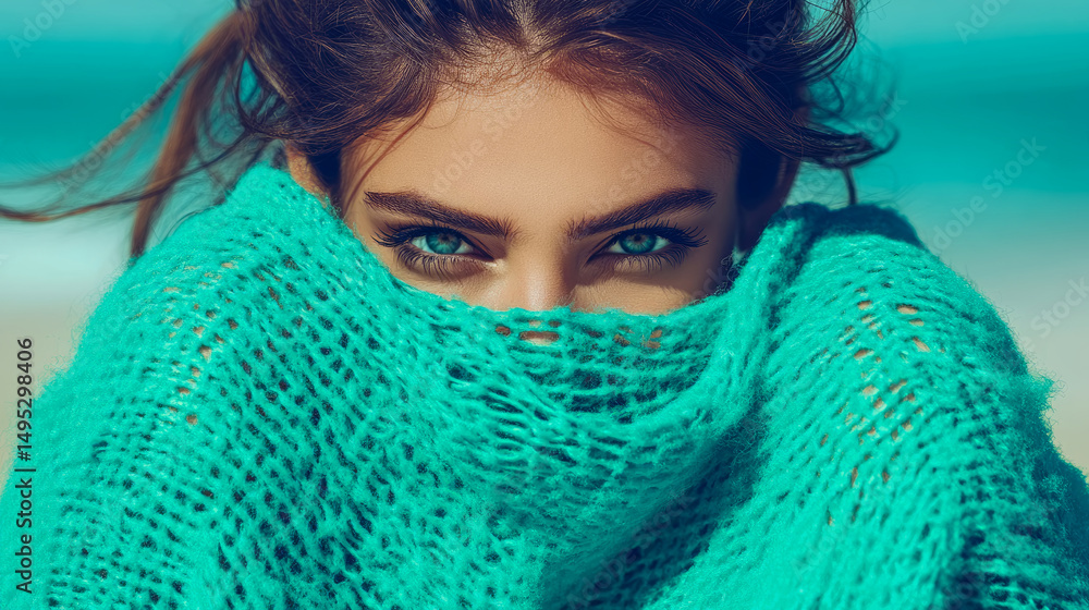 Intimate portrait showcasing bright blue eyes of a woman partially covered by an aqua knit scarf Intimate portrait showcasing bright blue eyes of a woman partially covered by an aqua knit scarf