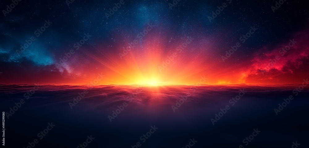 Fototapeta premium Vibrant Sunrise Over a Sea of Clouds with a Starry Night Sky