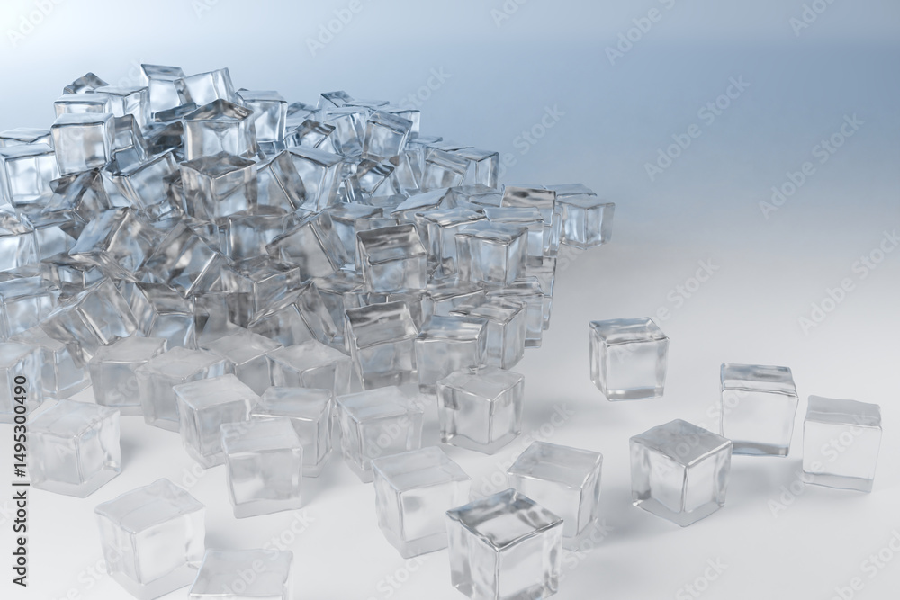 Obraz premium Scattered Clear Ice Cubes on a Light Surface with Subtle Shadows