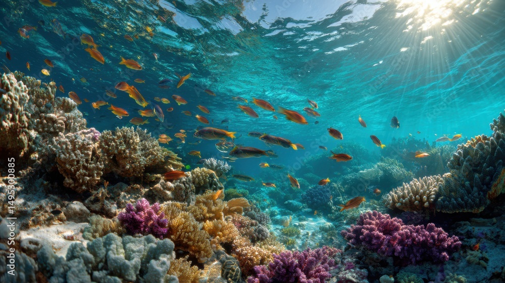 Naklejka premium Underwater Coral Reef With Tropical Fish Swimming in Clear Blue Water, Illustrating Marine Conservation and Ecotourism : Generative AI