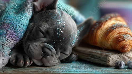 a French bulldog puppy and a French croissant