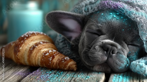 a French bulldog puppy and a French croissant