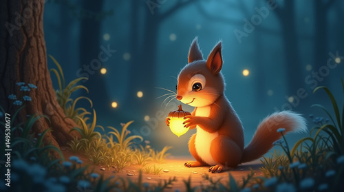  Close-up of a small squirrel holding a glowing acorn in the moonlight, whimsical and warm illustration style