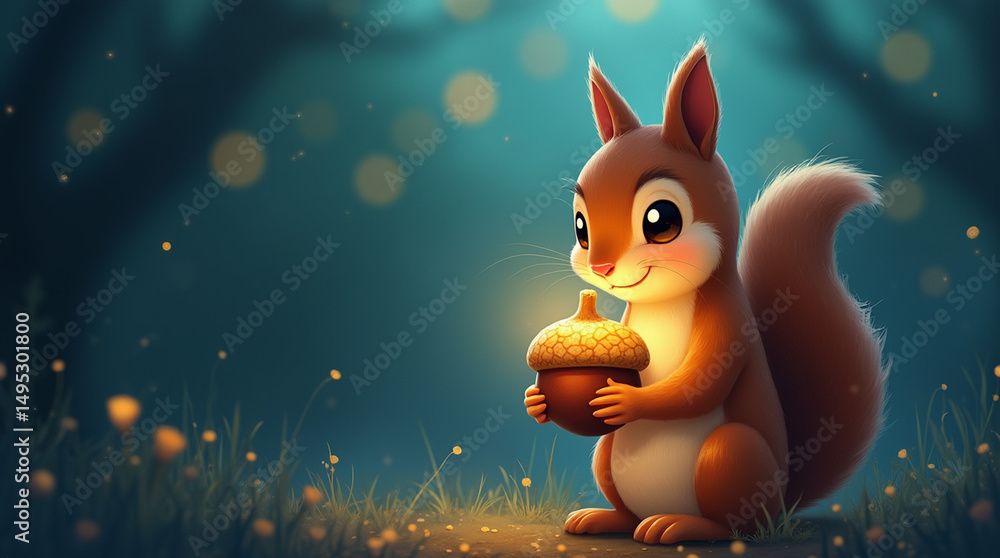Obraz premium Close-up of a small squirrel holding a glowing acorn in the moonlight, whimsical and warm illustration style