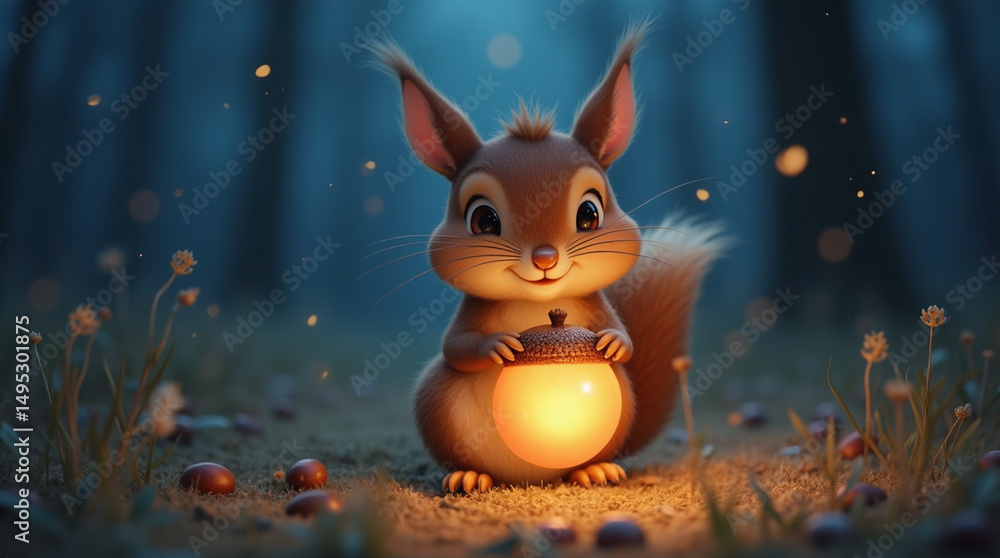 Obraz premium Close-up of a small squirrel holding a glowing acorn in the moonlight, whimsical and warm illustration style