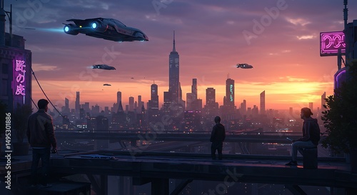 Fototapeta Naklejka Na Ścianę i Meble -  A futuristic city glows under a vibrant sunset, with flying vehicles and neon signs illuminating the skyline.