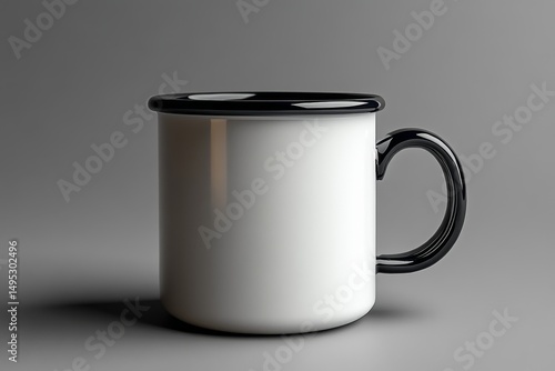 White Enamel Mug with Black Rim on Grey Background