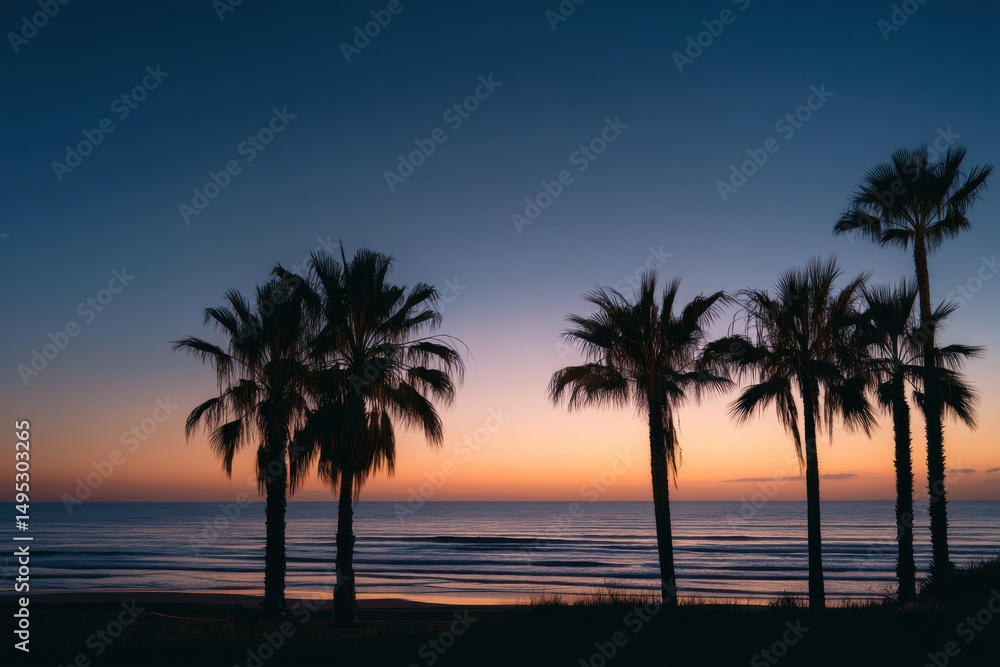 Fototapeta premium Palm Trees Silhouetted Against a Vibrant Sunset Over the Ocean, Evoking Tropical Relaxation and Vacation Getaways, Perfect for Travel and Tourism Marketing : Generative AI