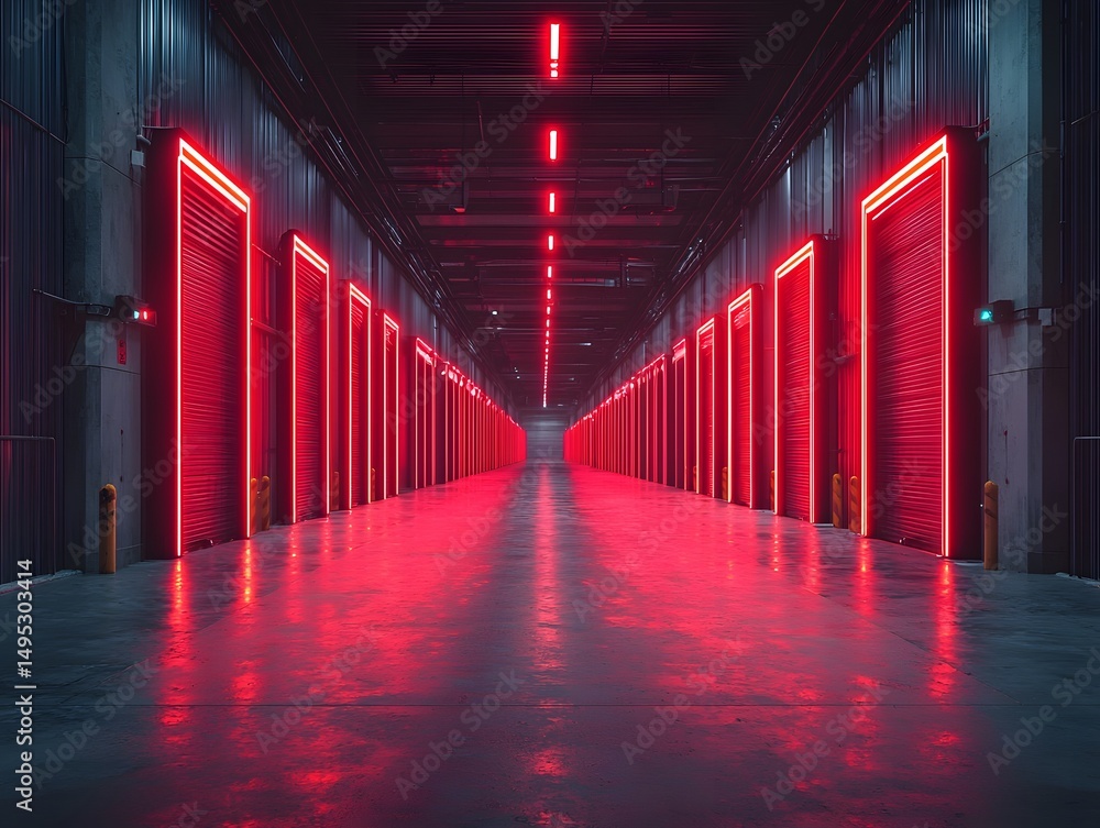 Fototapeta premium Futuristic Red Lit Warehouse Hallway