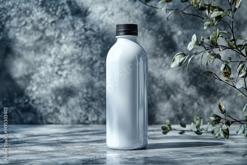 White Plastic Bottle Mockup on Textured Grey Background with Plants