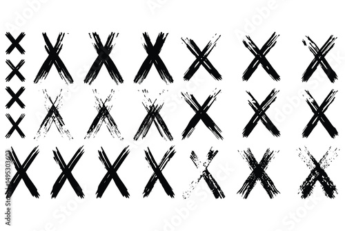 Hand Drawn Grunge X Marks Set – Brush Stroke Cross Symbols Collection in Black Ink
