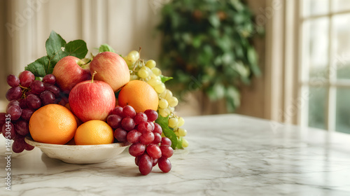 Wallpaper Mural A close-up of an elegant fruit bowl with vibrant apples, oranges, and grapes, placed in the center of a marble kitchen island 78458533 1 Torontodigital.ca