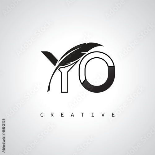 YO Letter Logo with Feather Pen – Elegant Monogram for Creative Branding and Identity Design