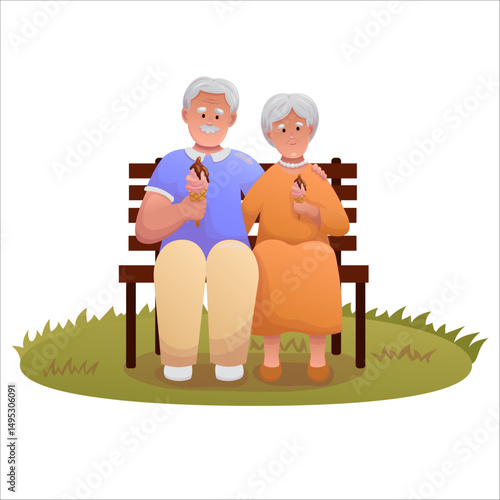 Cute elderly couple sitting on a park bench and eating ice cream. Happy seniors spending time outdoors together