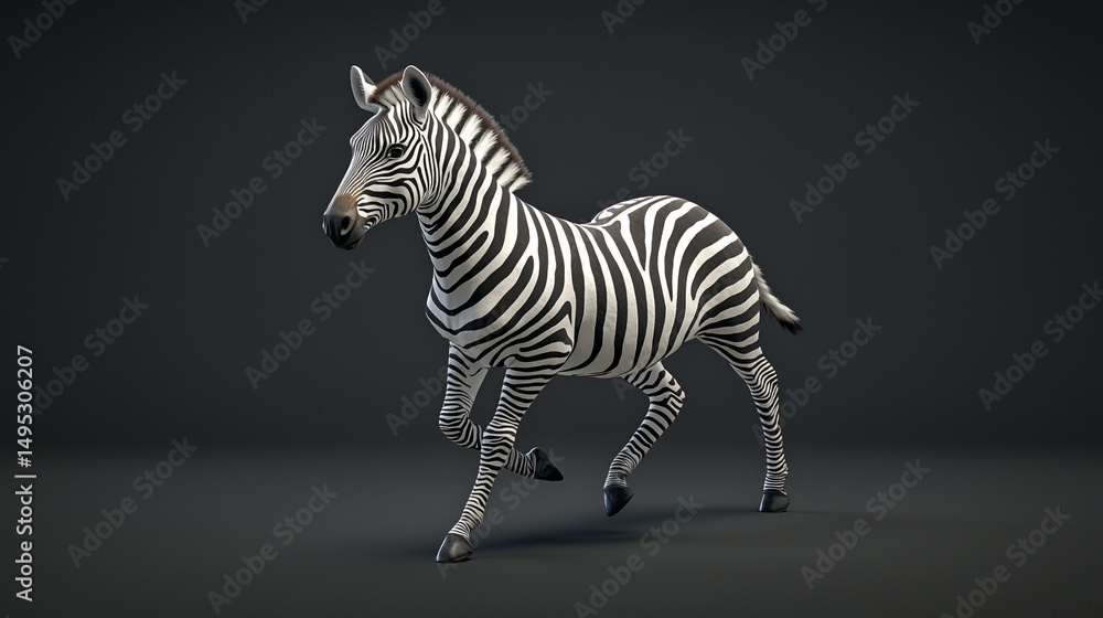 Fototapeta premium A zebra with black and white stripes running on a black background in a studio setting posed dynamically