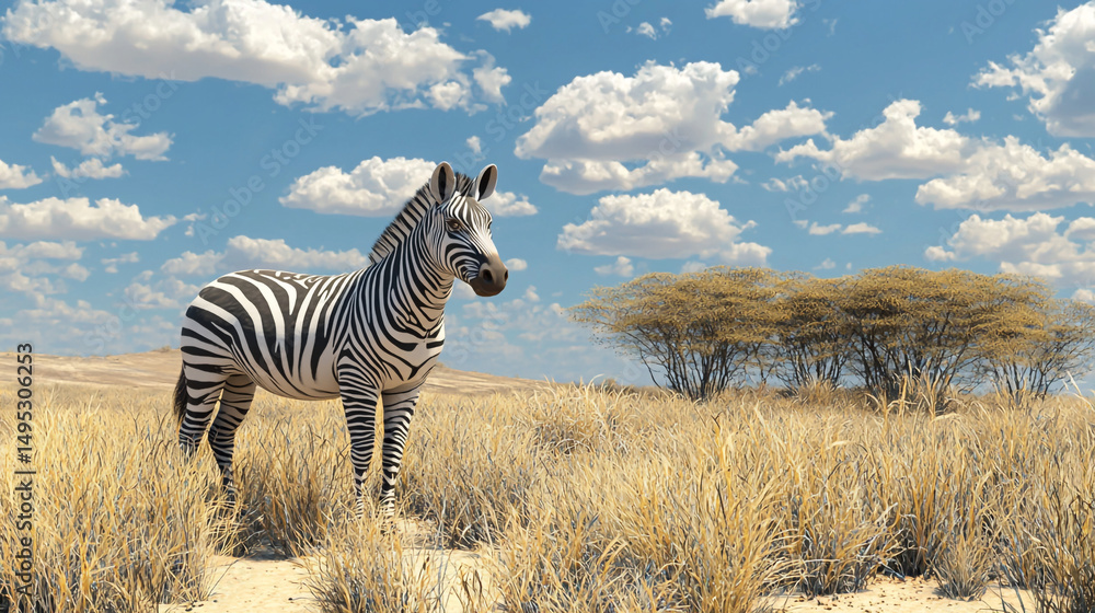 Obraz premium A zebra standing in a field of tall grass under a blue sky with scattered white clouds day time view