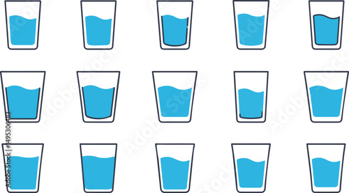 Create a kinds of water glass icon. Flat Water glass, drink symbol vector illustration with white background.