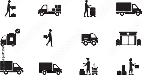 Create a kinds of click and collect order, icon, delivery truck, delivery services steps, receive order in pick up point, e-commerce business concept, vector illustration silhouette .