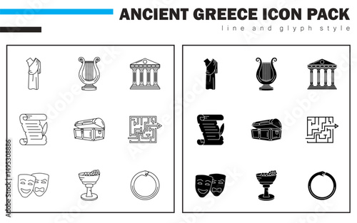 This icon set includes Greek Toga, Lyre, Temple, Papyrus Scroll, Pandora’s Box, Maze, Theatre Mask, Dionysus Grapes, and Ouroboros—symbols of Greek myth, philosophy, art, and ritual.