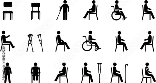 Black and white icons, minimalist chair designs, mobility aids, walking canes, crutches, wheelchair symbol, standing figures, sitting postures, assistive devices, medical equipment silhouettes, access