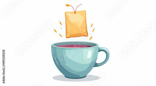 Tea bag dipping into teal cup of hot tea on white background  