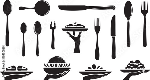 Create a kinds of spoon, Fork, knife, and plate icon set, Hand holding food tray , Dinner service collection, Silhouette of cutlery. Vector illustration silhouette with white background.