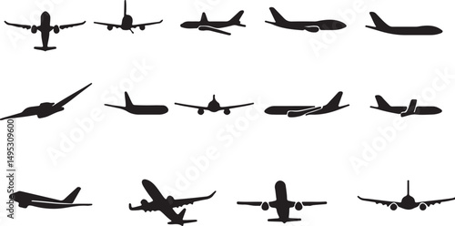 Create a kinds of Set of airplanes silhouettes. Plane icon on white background, airplane vector Illustration silhouette with white background