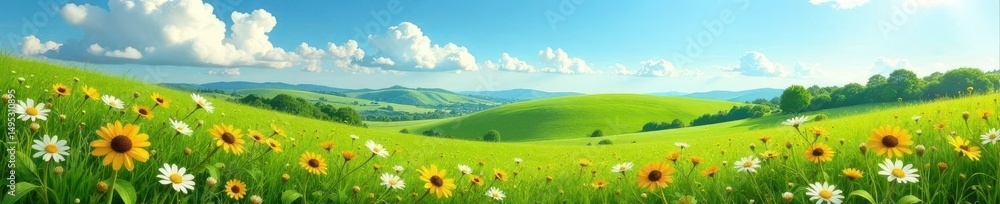 Obraz premium Rolling green hills, wildflowers blooming under a bright spring sky, sunny, farmland
