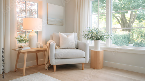 Wallpaper Mural A serene reading nook featuring a light gray armchair, soft beige throw, and a pale wooden side table with a white lamp, soft ambient light from window 76765280 3 Torontodigital.ca