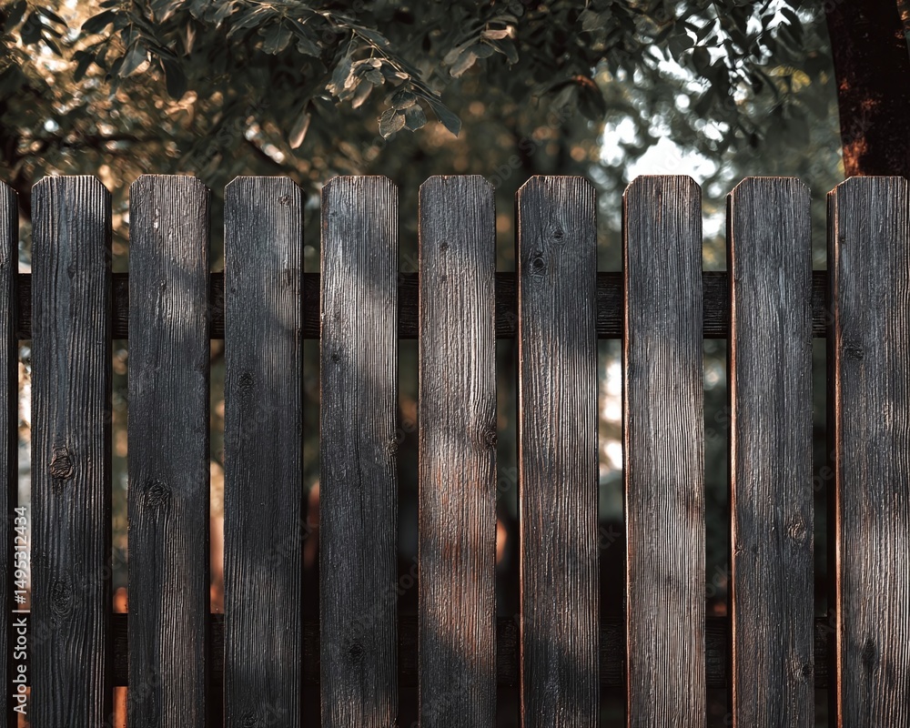 Fototapeta premium Wooden fence panels casting shadows under leafy trees in a tranquil garden setting